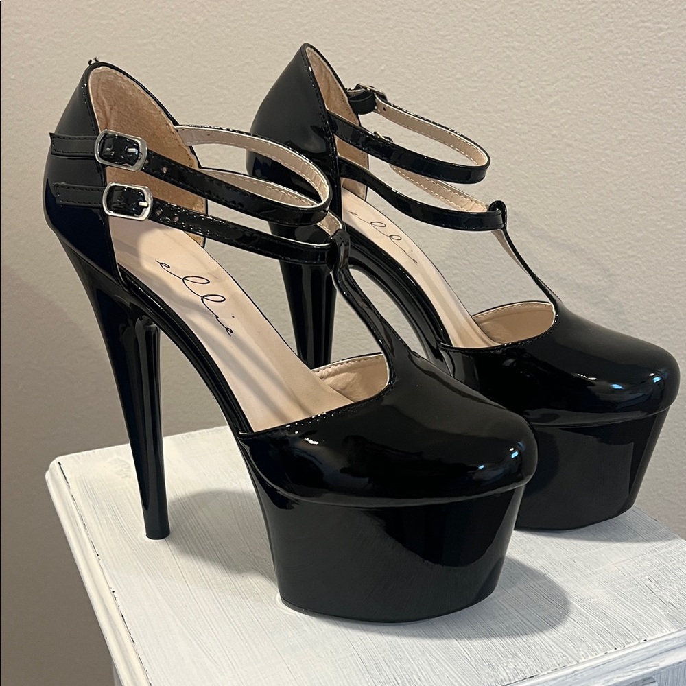 Ellie Glossy Black Double Strap Heels